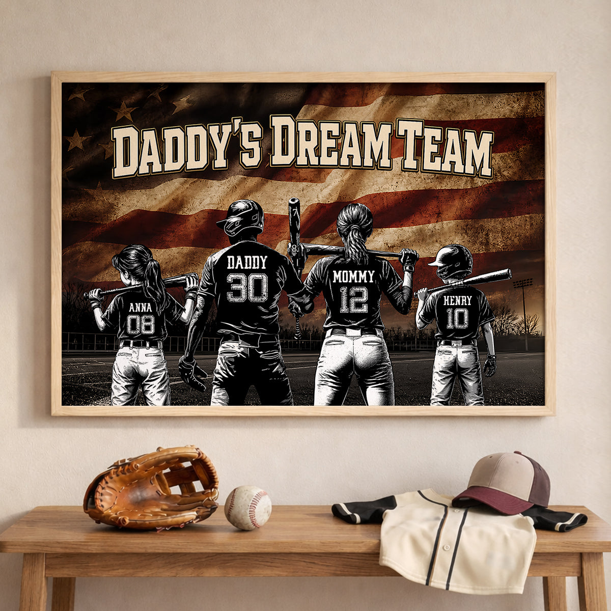 Daddy's Dream Team Baseball Nation Flag - Personalized Poster - Father's Day Gift for Dad, Husband
