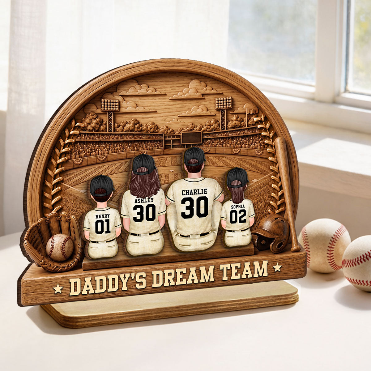 Retro Vintage Baseball Daddy's Dream Team - Personalized 2-Layered Wooden Plaque -  Gift For Dad