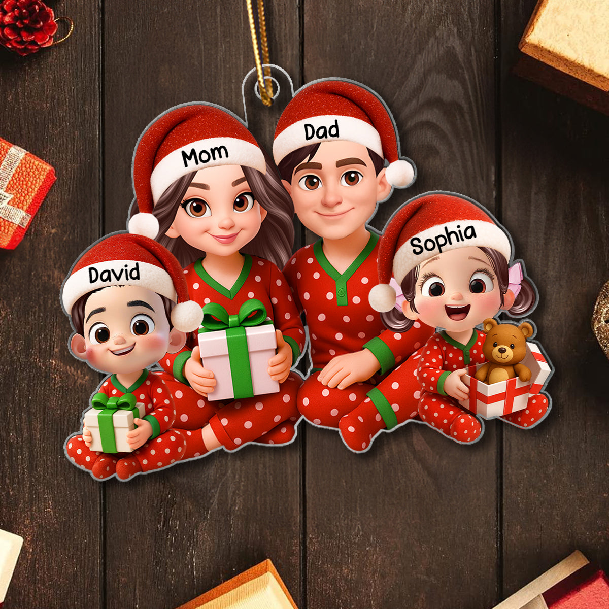 Family Pajama Sitting Personalized Christmas Acrylic Ornament, Gift for Husband, Wife, Children