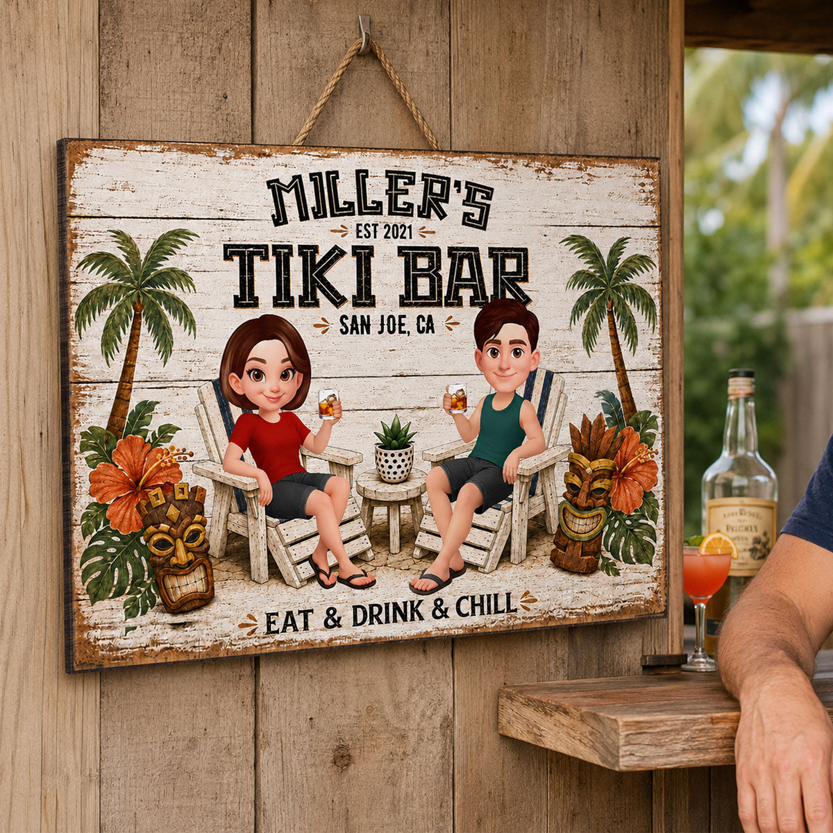 Custom Couple Tiki Bar - Personalized Wooden Sign - Outdoor Home Bar Decor, Eat Drink & Chill Sign, New Home Gift