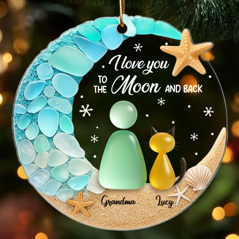 Cat And Owner On The Moon Sea Glass - Personalized Acrylic Ornament - Christmas Gift For Cat Lovers