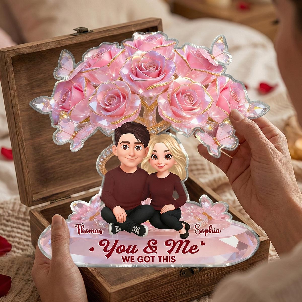 Eternal Love Pink Roses Couple Together - Personalized Acrylic Block Plaque - Valentine's Day Gift For Couple, Gift For Her, For Him