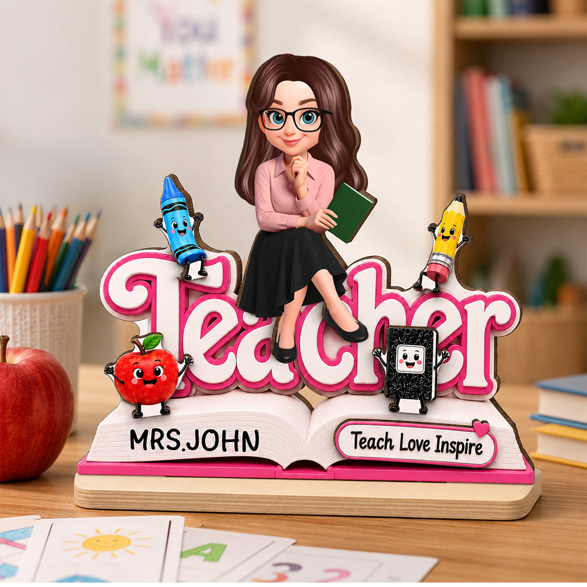 Teacher Notebook Teach Love Inspire - Personalized 2-Layered Wooden Plaque - Back to School Gift for Teacher