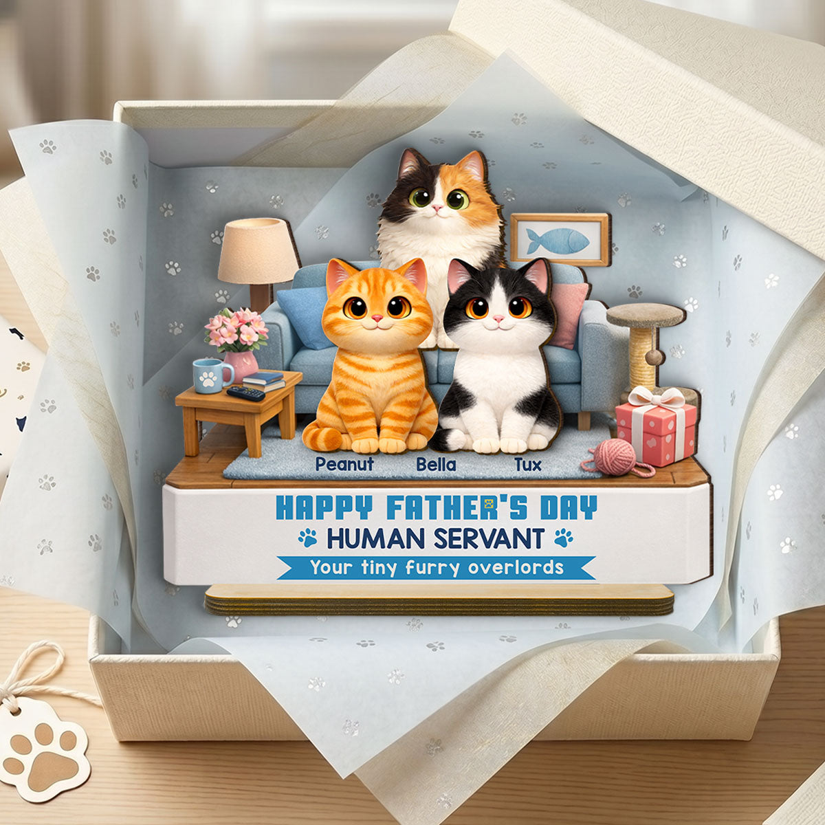 Cat Dad Cute Fluffy Cats Happy  Human Servant - Personalized 2-Layered Wooden Plaque - Funny  Gift For Cat Dad, Cat Lovers