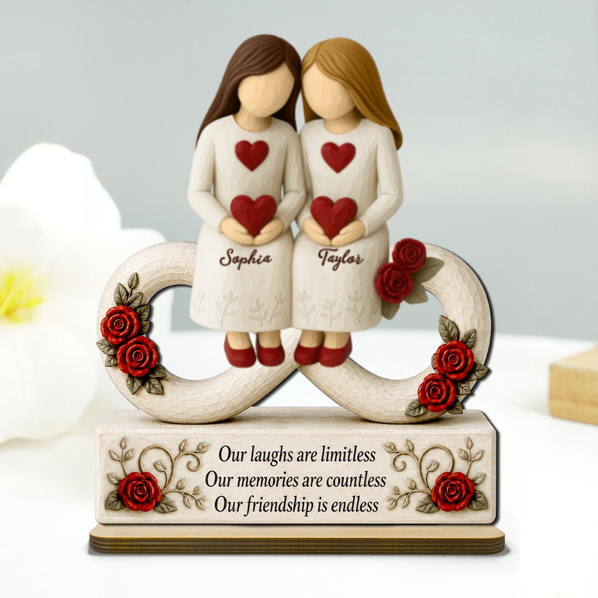 Roses Besties Infinity Our Friendship Is Endless - Personalized 2-Layered Wooden Plaque - Birthday Gift, Gift For Best Friends