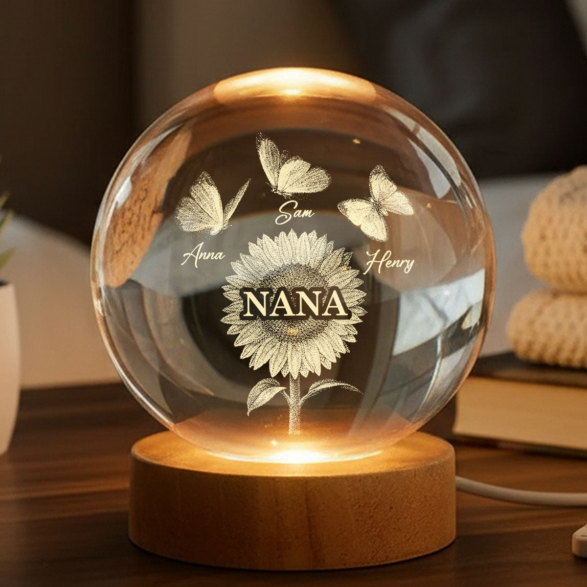 Sunflower Grandma Grandkids - Personalized Crystal Ball LED Night Light - Mother's Day Gift For Grandma