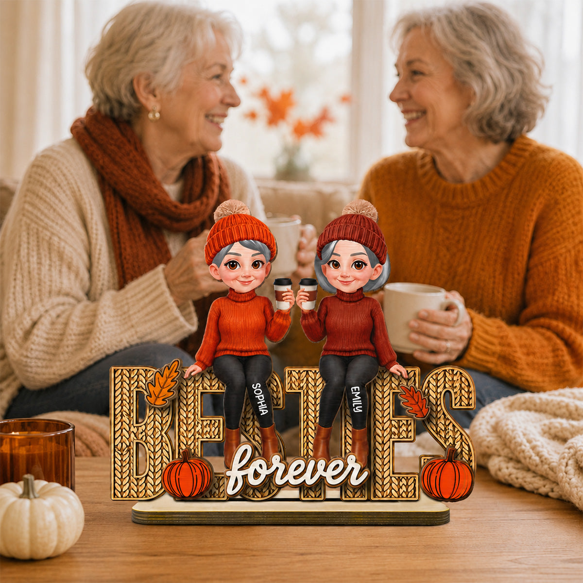 Besties Sisters Fall Season Knit Pattern - Personalized Wooden Plaque