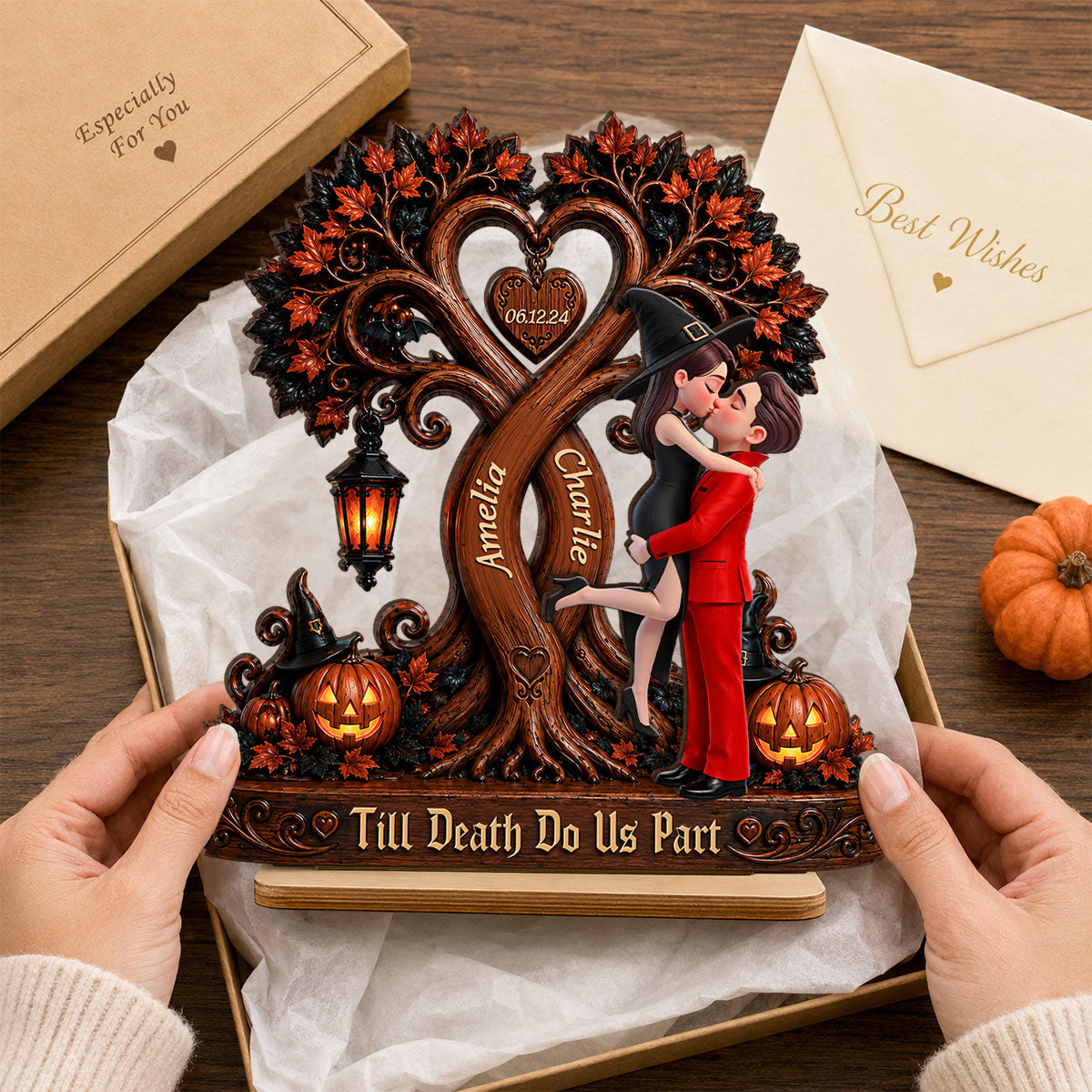 Couple Kissing Under Halloween Tree - Personalized 2-Layered Wooden Plaque - Halloween Decor for Her, for Him