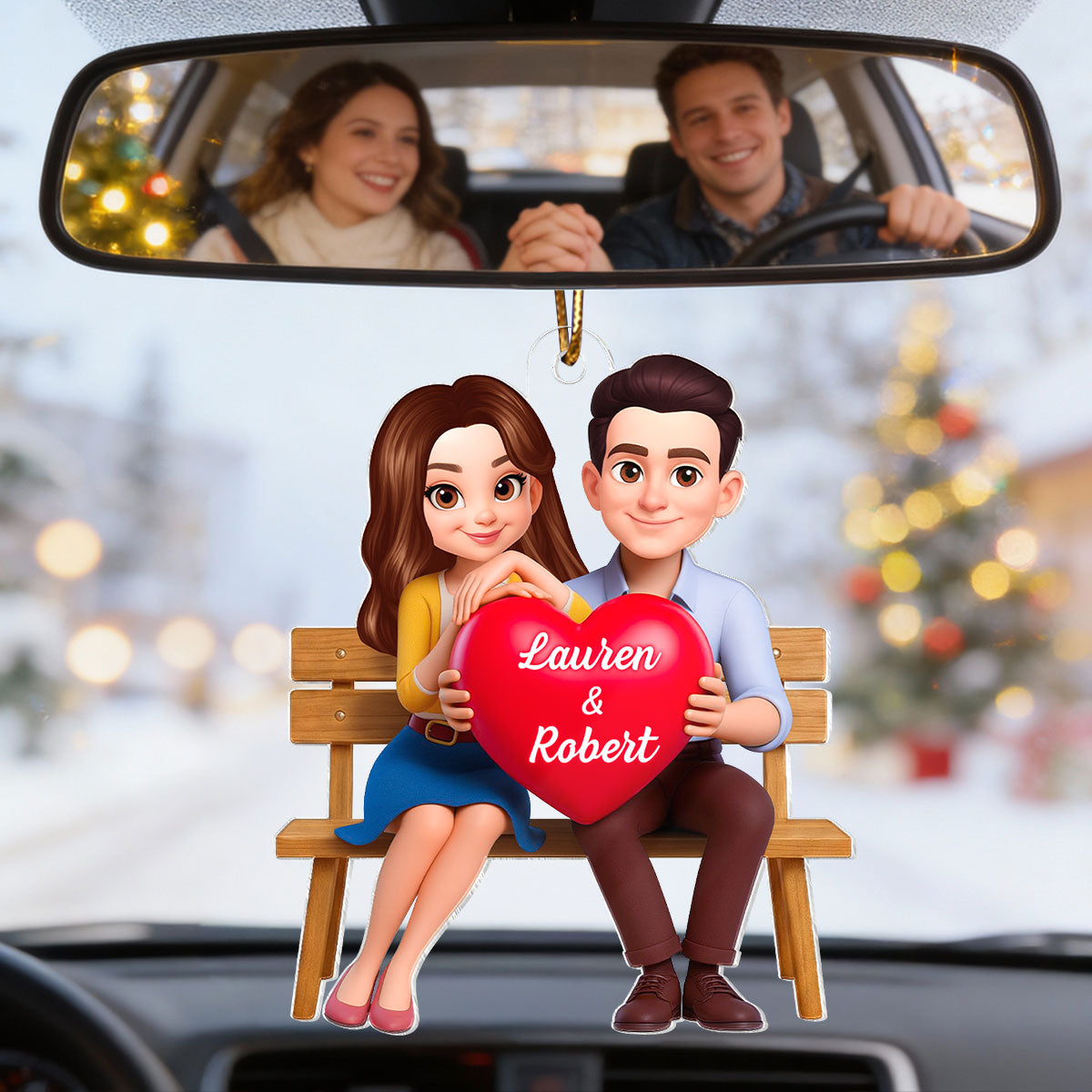 3D Couple with Red Heart - Personalized Car Hanger - Gift for Her, for Him