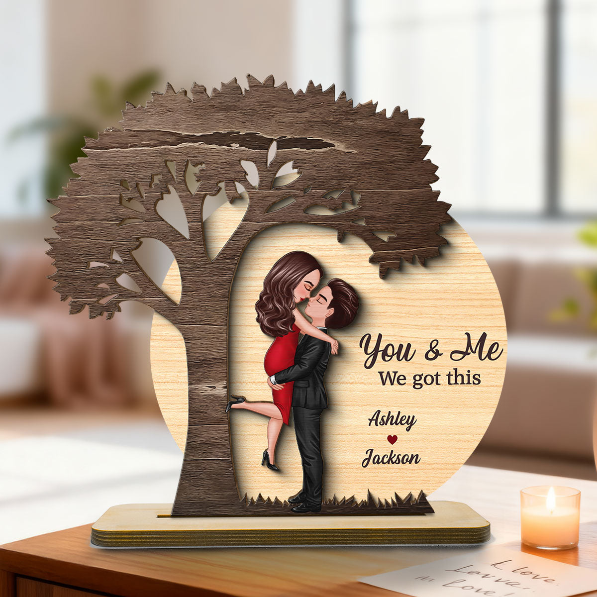 Couple Hugging Kissing Under Tree Moon Rustic - Personalized 2-Layer Wooden Plaque - Valentine's Day, Anniversary Gift For Him, For Her