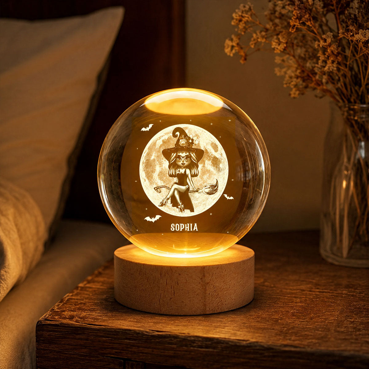 Witch On Broom Under Moon - Personalized Crystal Ball Night Light - Halloween Decor, Wicca Pagan Decor For Witches