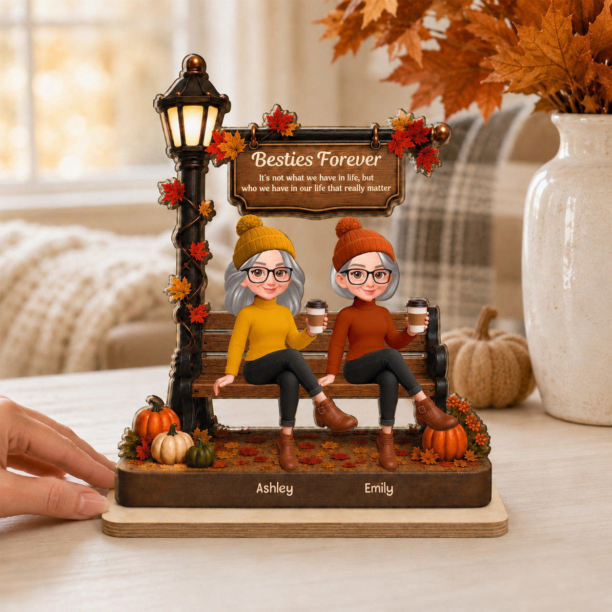 Fall Season Besties Sitting Under Lamp Post - Personalized Wooden Plaque
