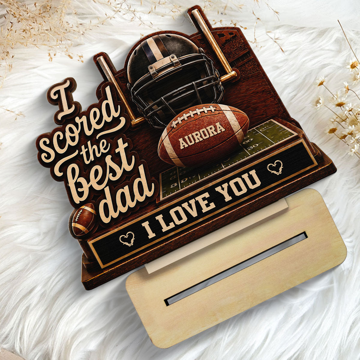 We Scored The Best American Football Dad Custom Name 2D Flat - Personalized 2-Layered Wooden Plaque -  Gift For Football Dad