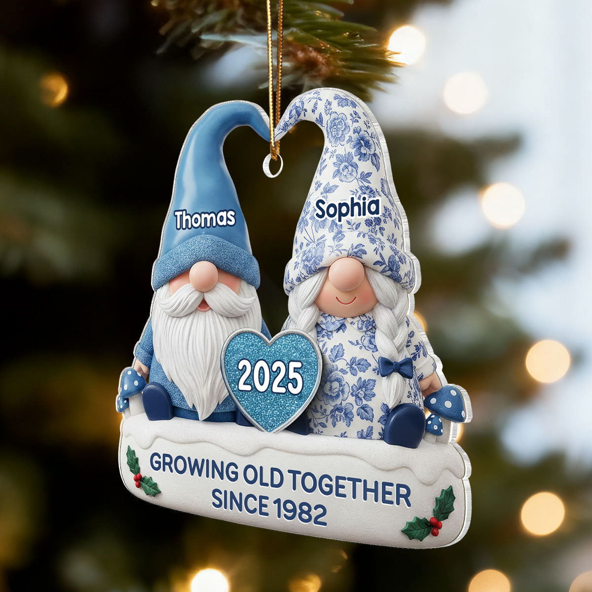 3D Effect Vintage Floral Toile De Jouy Pattern Gnome Couple - Personalized Acrylic Ornament