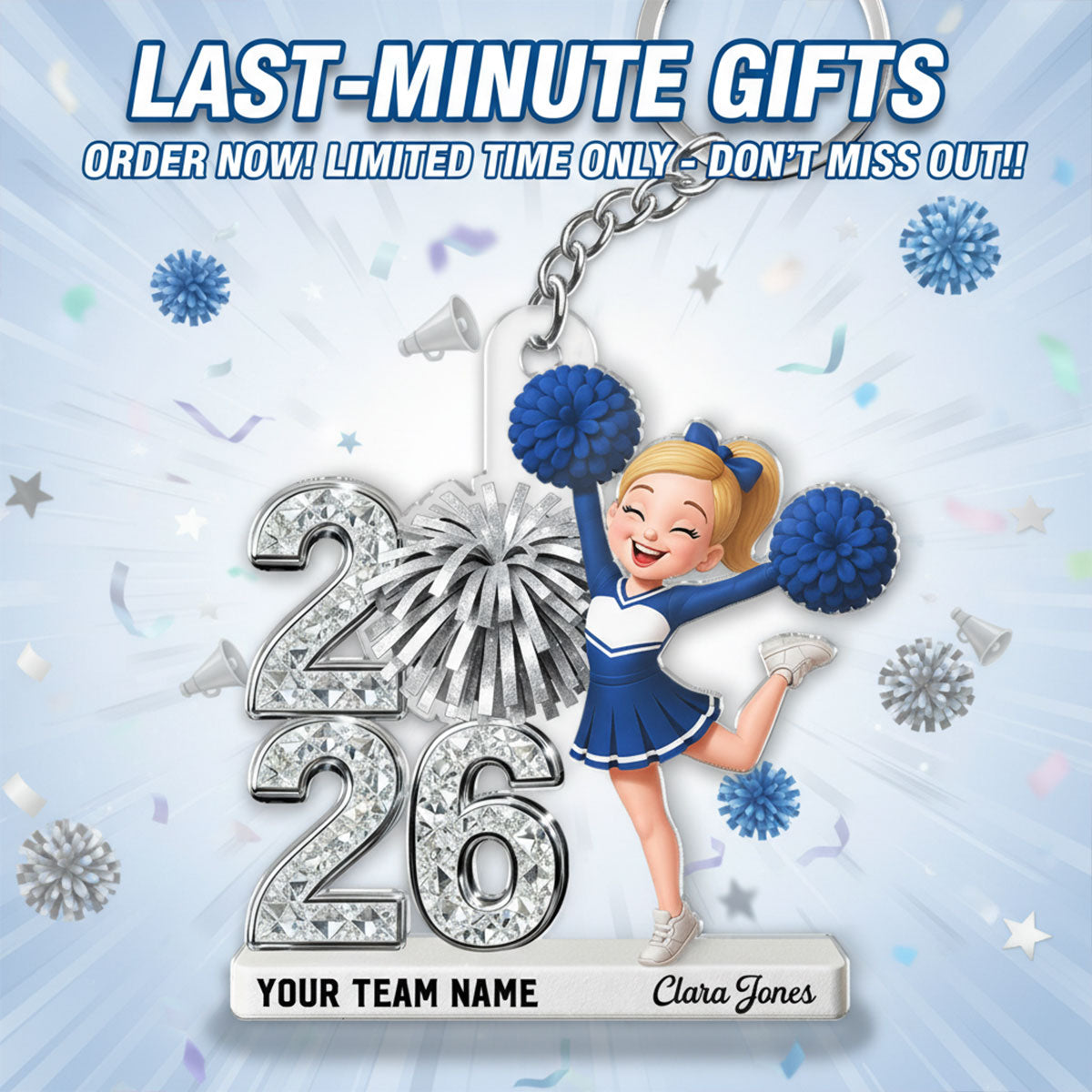 3D Shiny Effect Cheerleader With Year - Personalized Acrylic Keychain - Gift For Daughter, Granddaughter