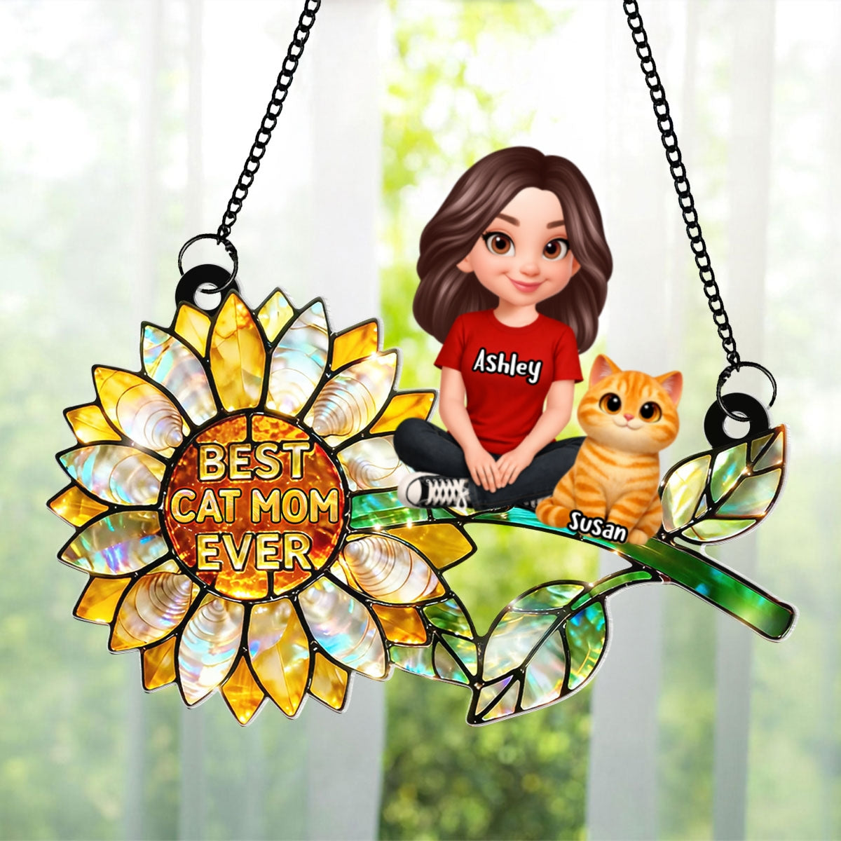 Sunflower Cat Mom and Cats Sitting - Personalized Window Hanging Suncatcher - Mother's Day Gift for Mom, Wife