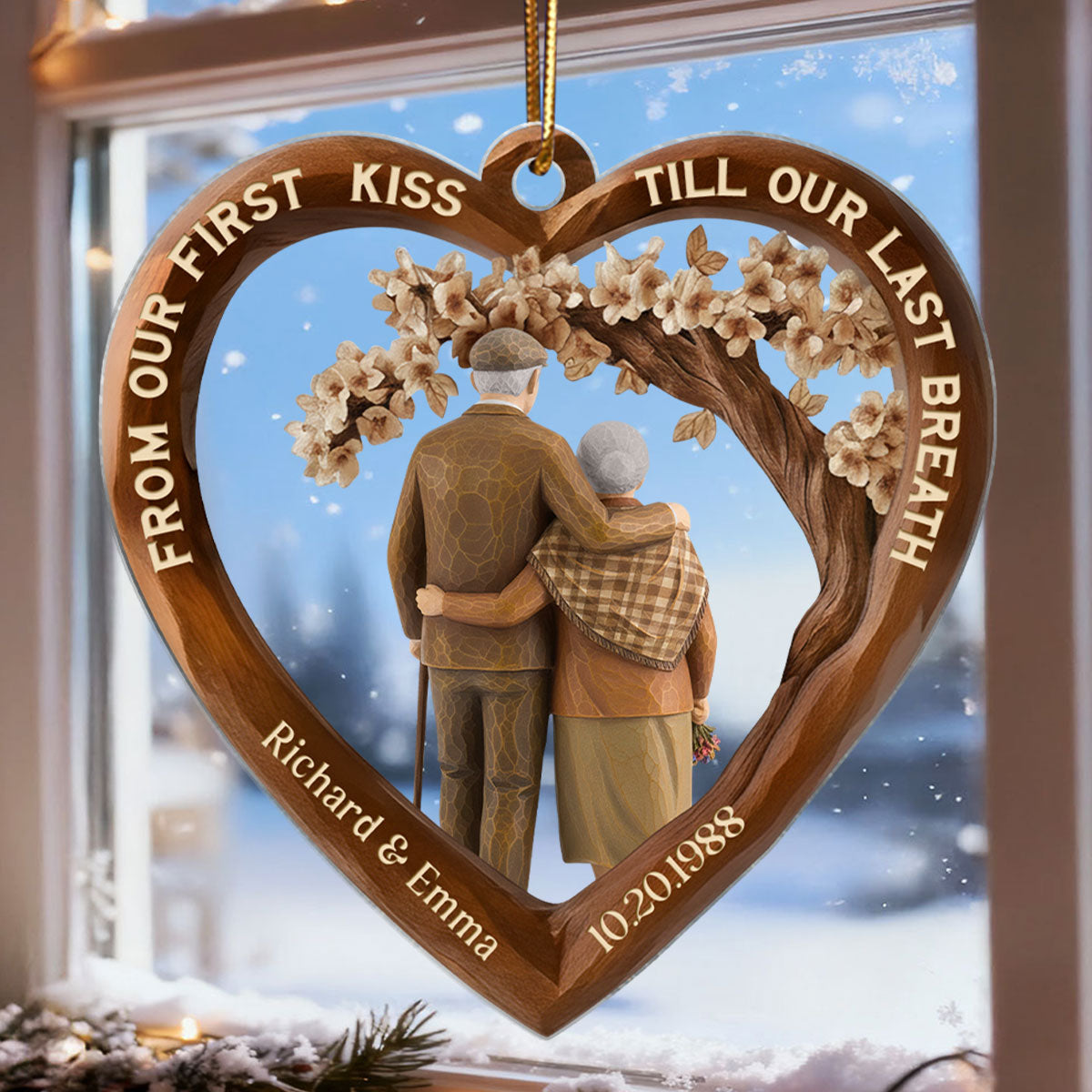From Our First Kiss Till Our Last Breath Couple 3D Wooden Effect - Personalized Acrylic Ornament - Christmas Gift for Couples