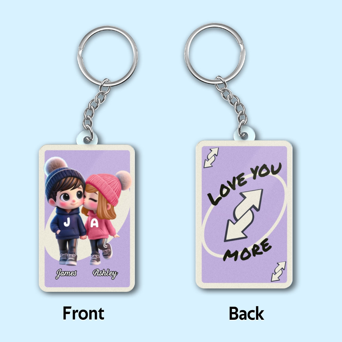 Love You More Game Card Style Cartoon Couple - Personalized Acrylic Keychain - Valentine's Day Gift, Anniversary Gift For Him, For Her