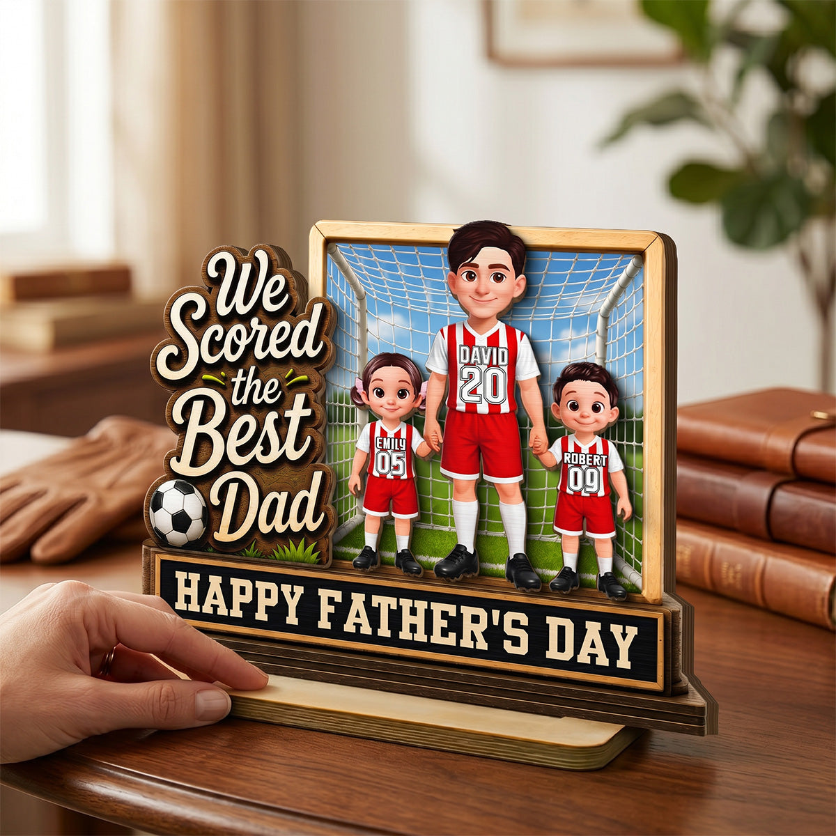 We Scored The Best Dad Dad & Kids In Goal 2D Flat - Personalized 2-Layered Wooden Plaque -  Gift For Soccer Dad, UK Football Dad