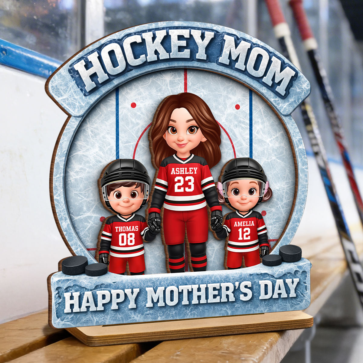Hockey Mom Front View And Kids - Personalized 2-Layered Wooden Plaque - Mother's Day Gift For Hockey Mom, Gift For Wife