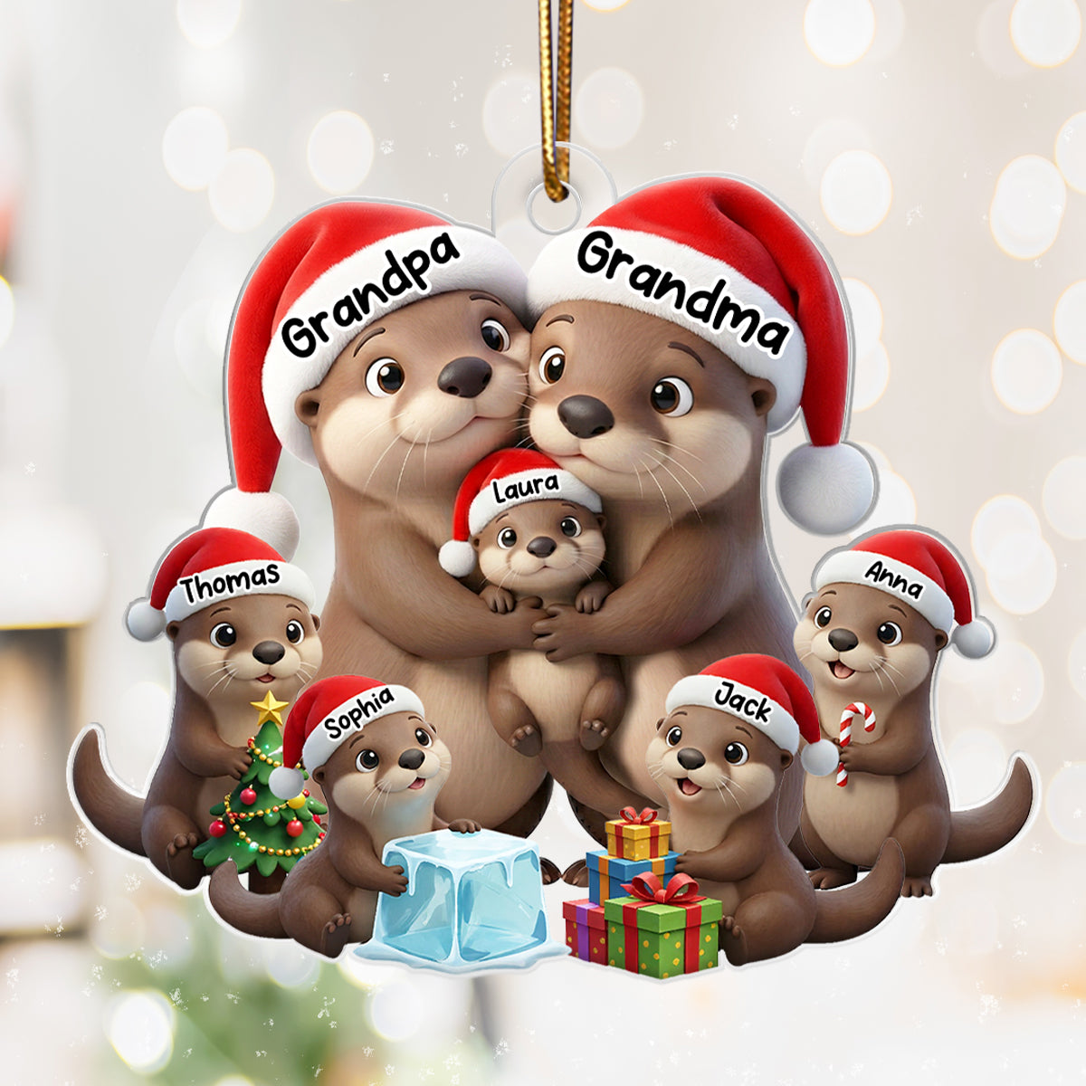 Otter Grandma Grandpa And Grandkids - Personalized Acrylic Ornament - Heartwarming Christmas Gift For Grandma, Grandpa, Family