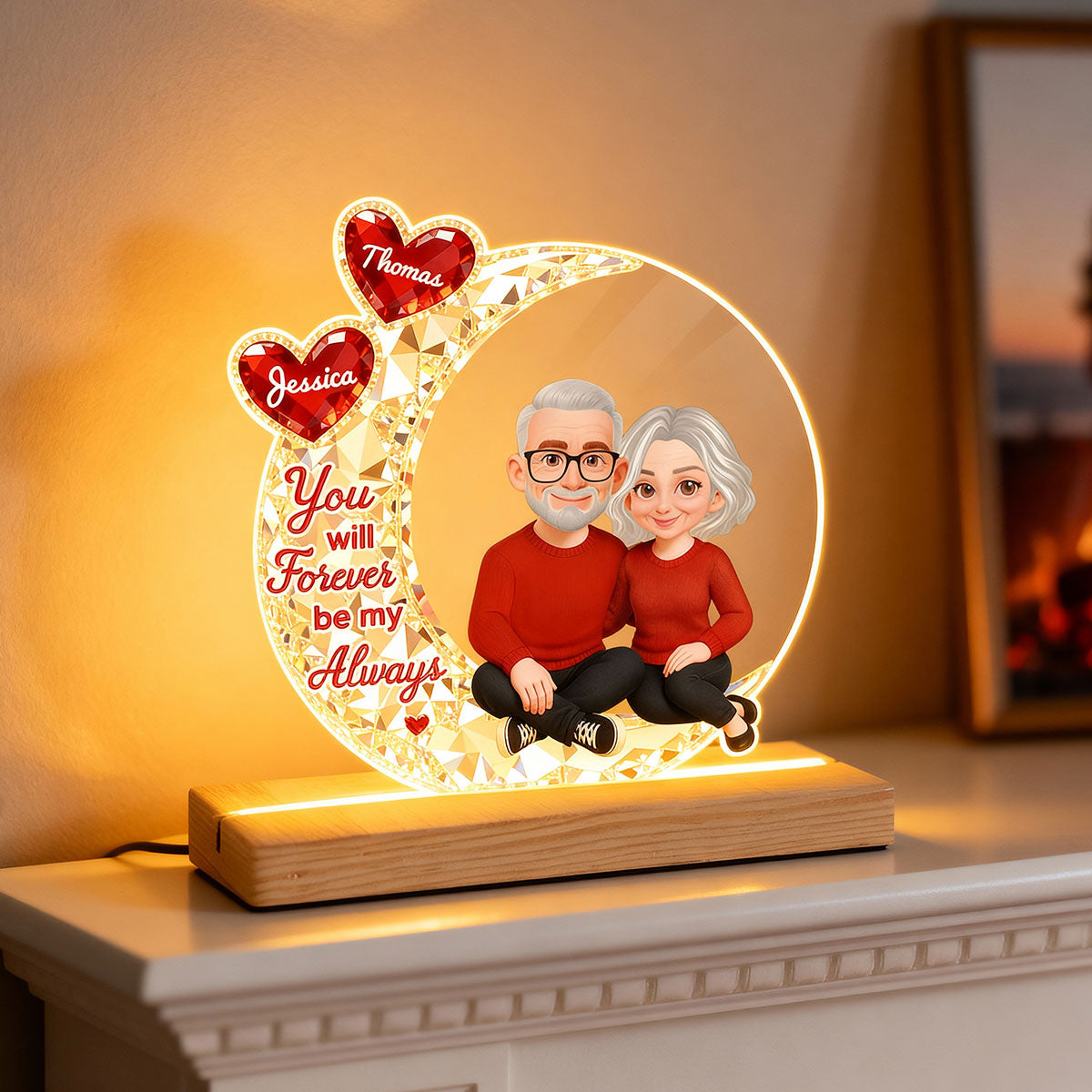Eternal Love Couple Sitting On Moon - Personalized Plaque LED Night Light - Heartfelt Gift For Couple, Gift For Him, For Her