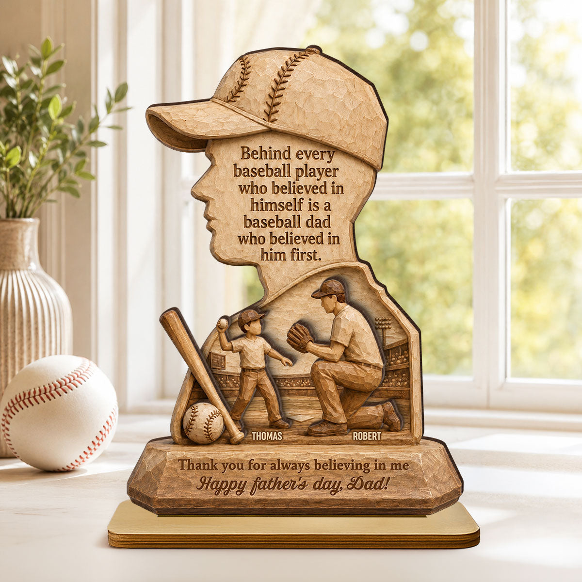 Behind Every Baseball Player is a Baseball Dad - Personalized 2-Layered Wooden Plaque -  Gift for Dad, Husband