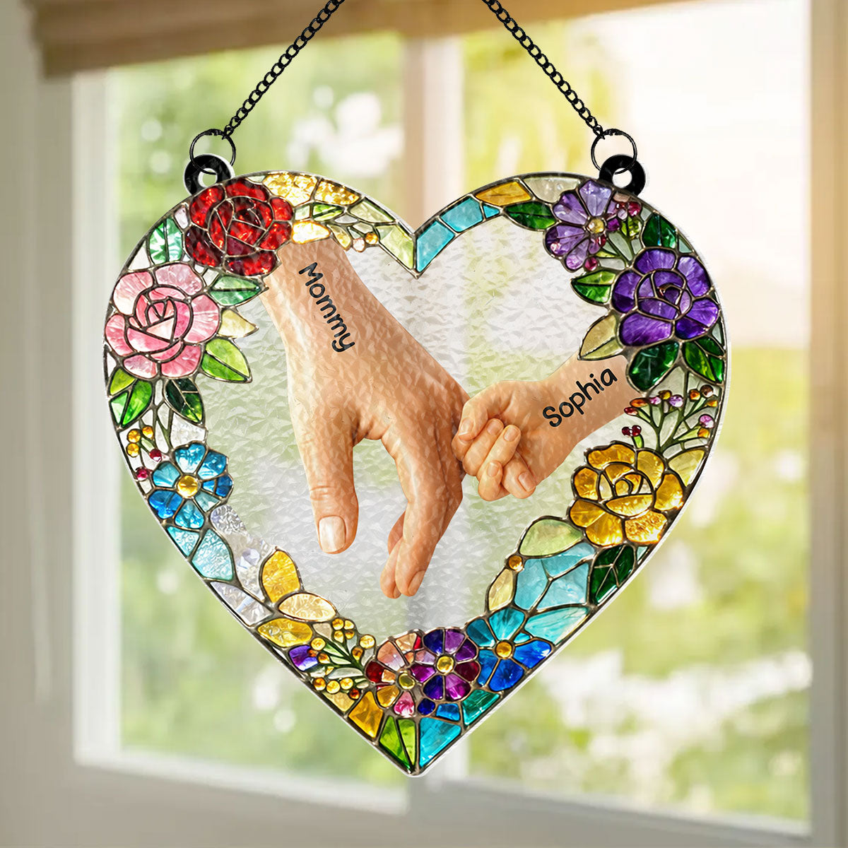 Kids Holding Mom Hand - Personalized Window Hanging Suncatcher - Mother's Day Gift for Mom, Wife