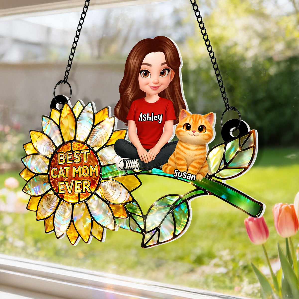 Sunflower Cat Mom and Cats Sitting - Personalized Window Hanging Suncatcher - Mother's Day Gift for Mom, Wife