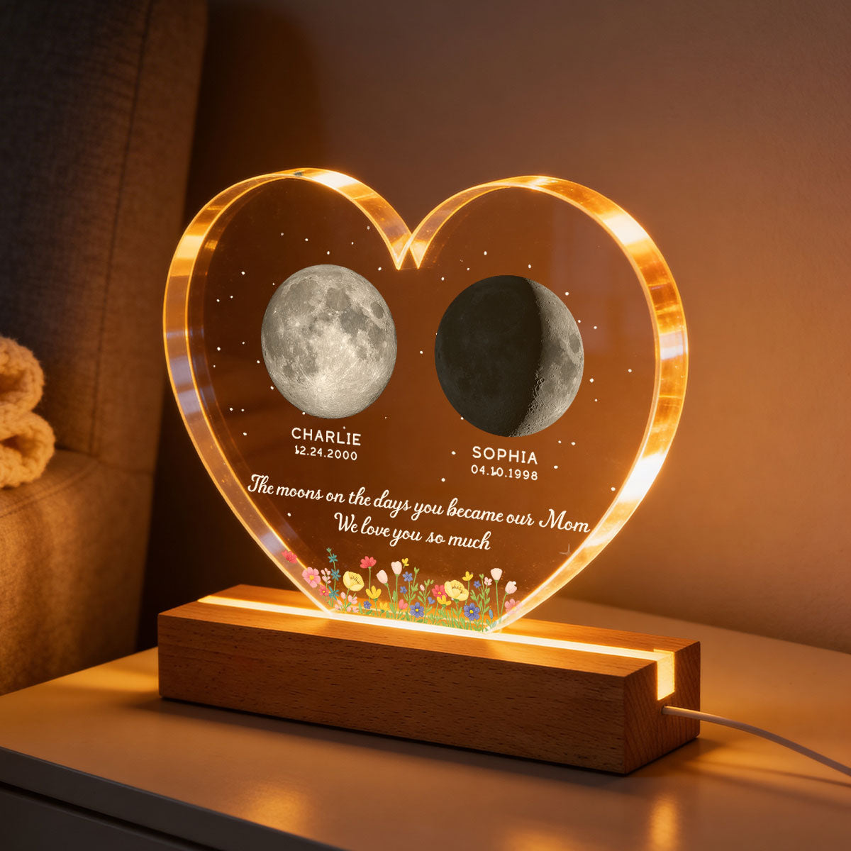 The Days You Became Our Mom, Custom Moon Phase by Date - Personalized Acrylic LED Night Light - Heartfelt Mother's Day Gift for Mom