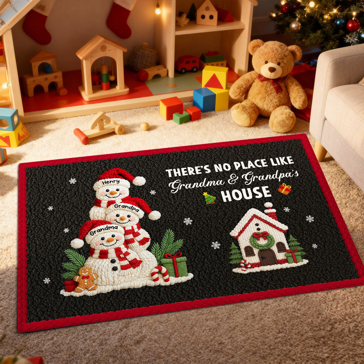No Place Like Grandma Grandpa Snowman Latch Hook Yarn Faux - Personalized Doormat - Festive Christmas Decor for Grandparents