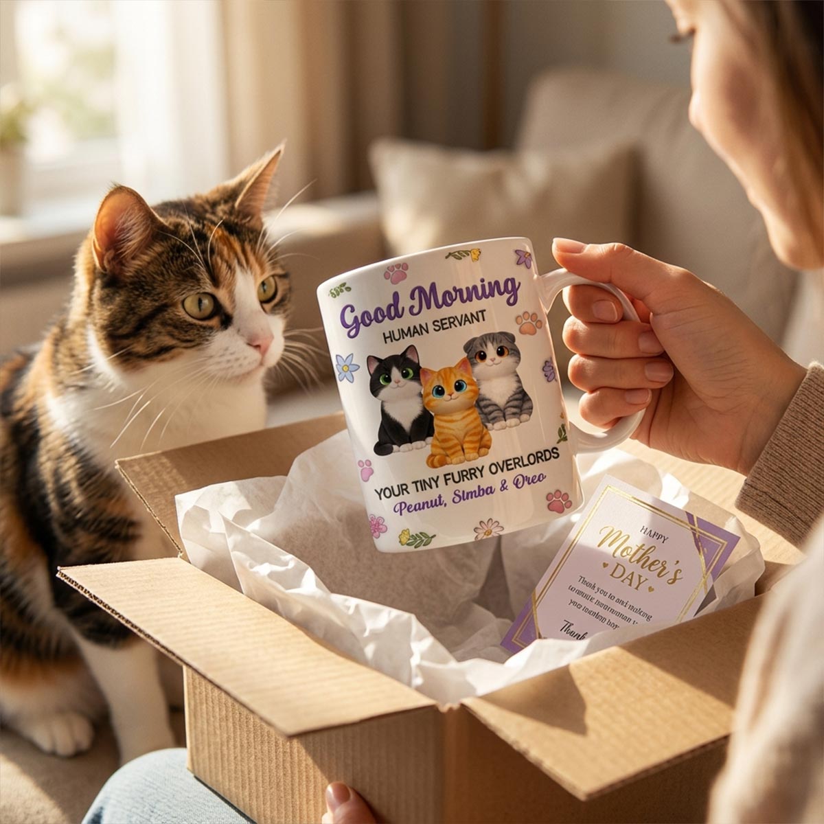 Adorable Cats Happy Mother's Day Human Servant 2D Flat Floral - Personalized Mug - Funny Mother's Day Gift For Cat Mom, Cat Lovers