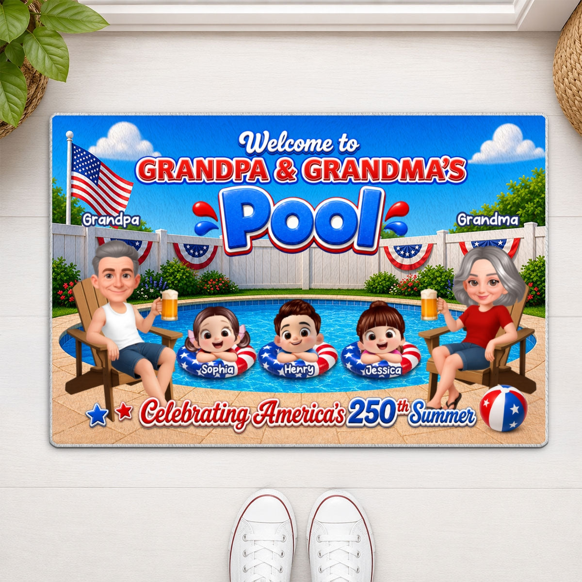 Welcome To Grandma Grandpa Pool America 250th Anniversary - Personalized Doormat - Gift For Grandparents, Summer Decoration