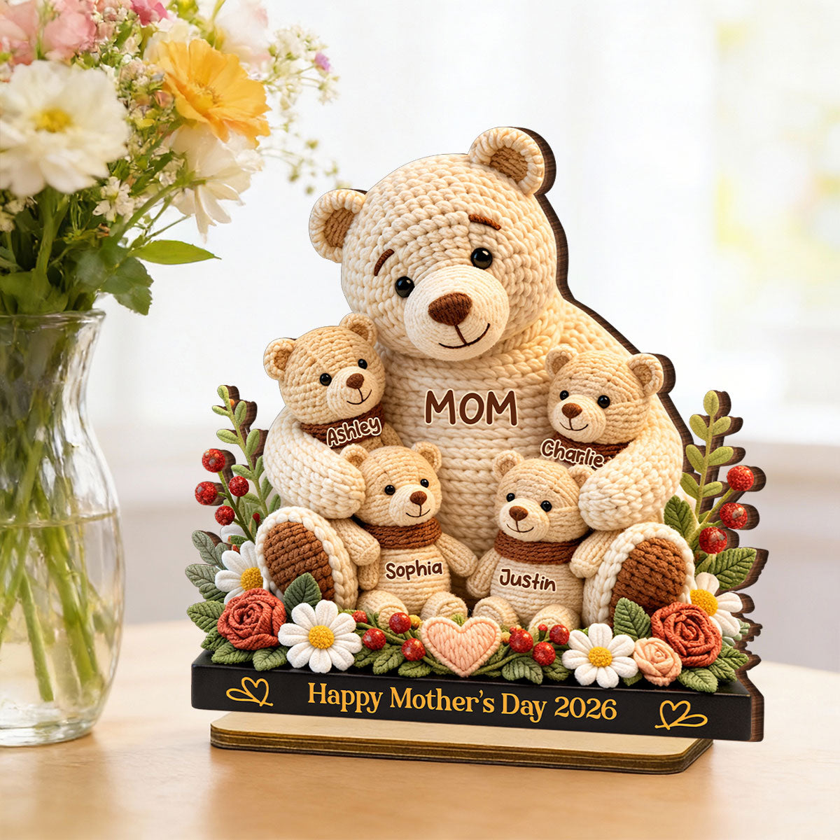 Mama Bear's Warm Hug - Personalized 2-Layered Wooden Plaque - Heartfelt Gift For Mom
