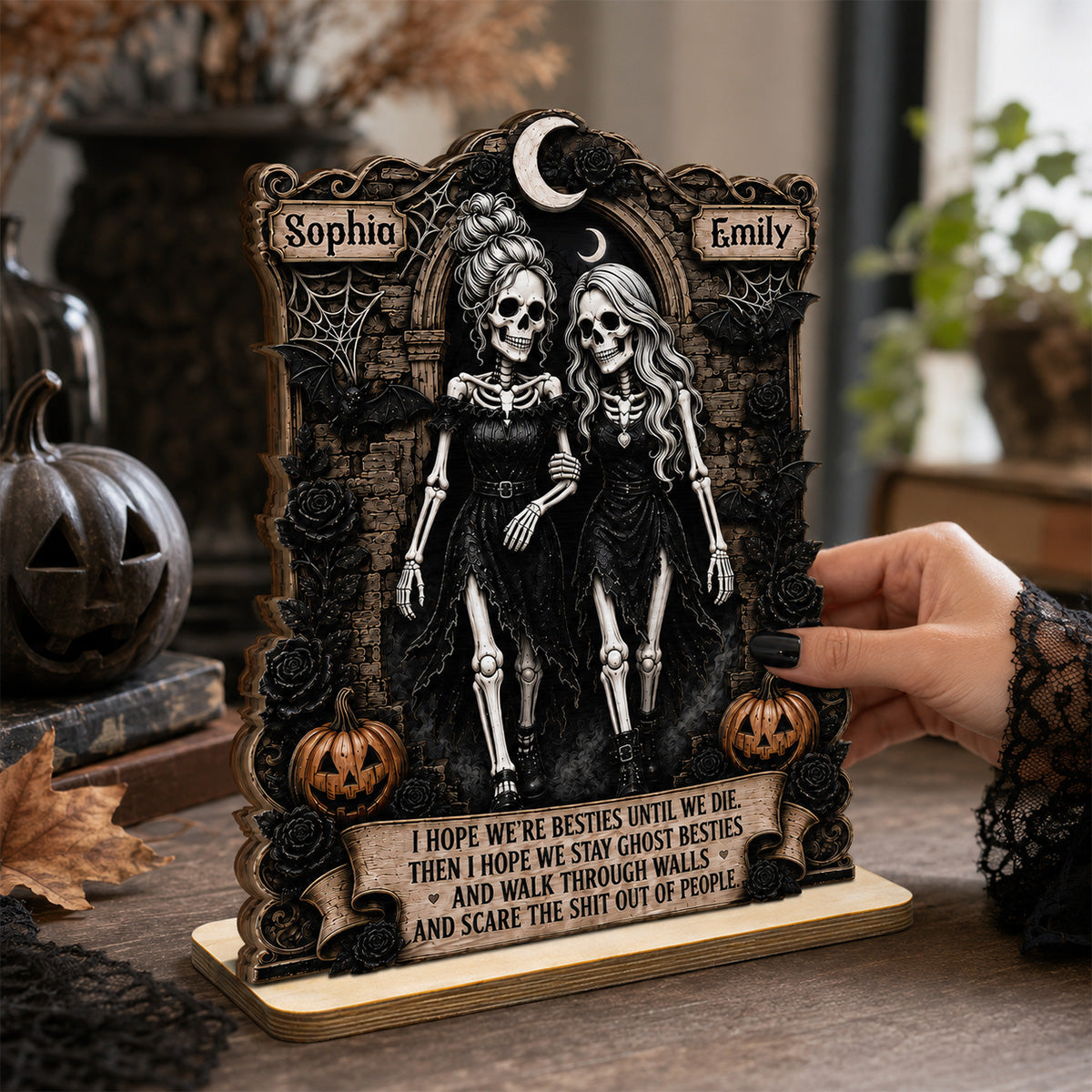 Skeleton Besties Walk Through Wall & Scare People 2D Flat - Personalized 2-Layered Wooden Plaque - Funny Work Bestie Gift, Halloween Keepsake For Best Friends