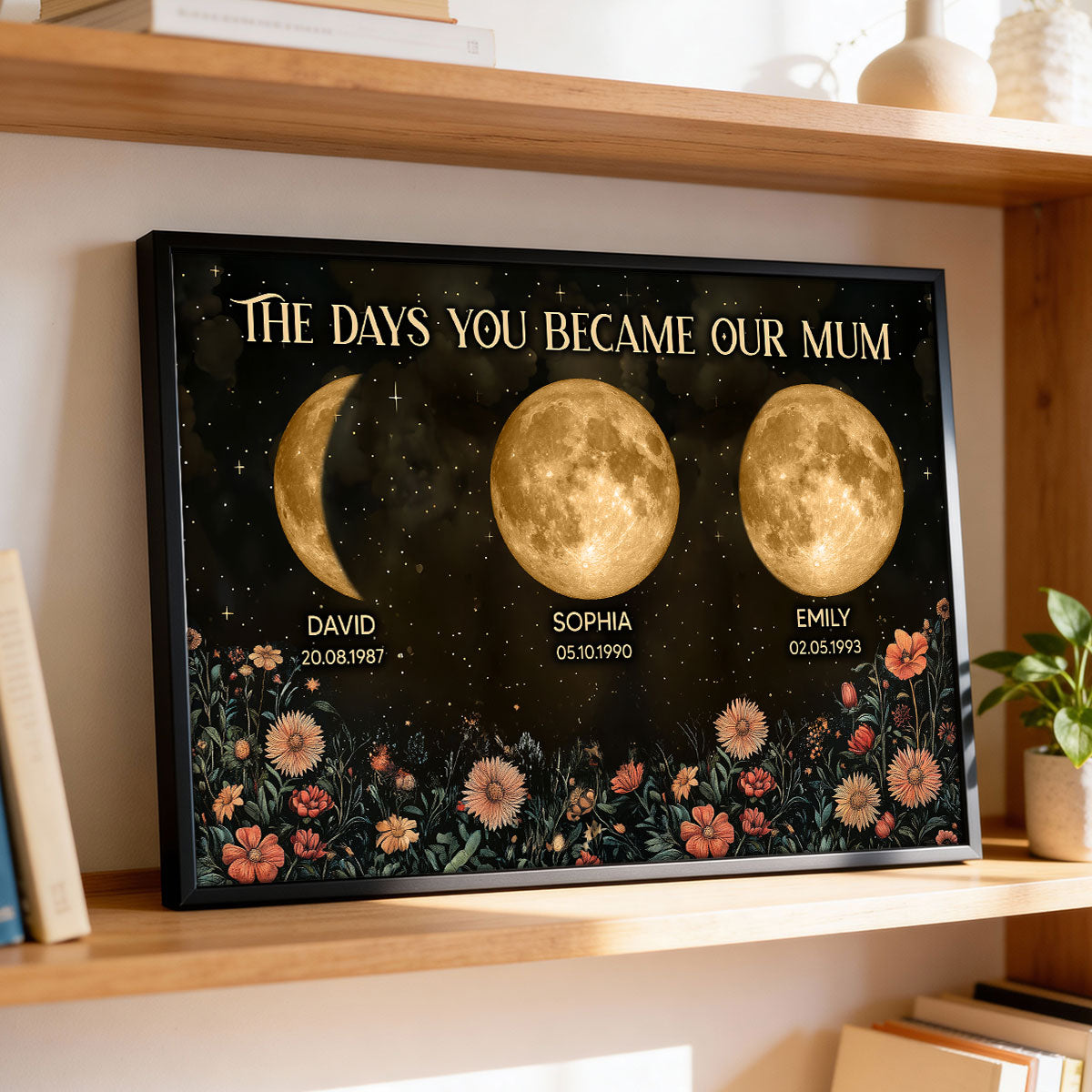 Vintage Flowers The Day You Become Mum Mom Grandma Custom Title And Nickname And Birth Moon Phase - Personalised Poster - Mother's Day Gift For Mum, Grandma