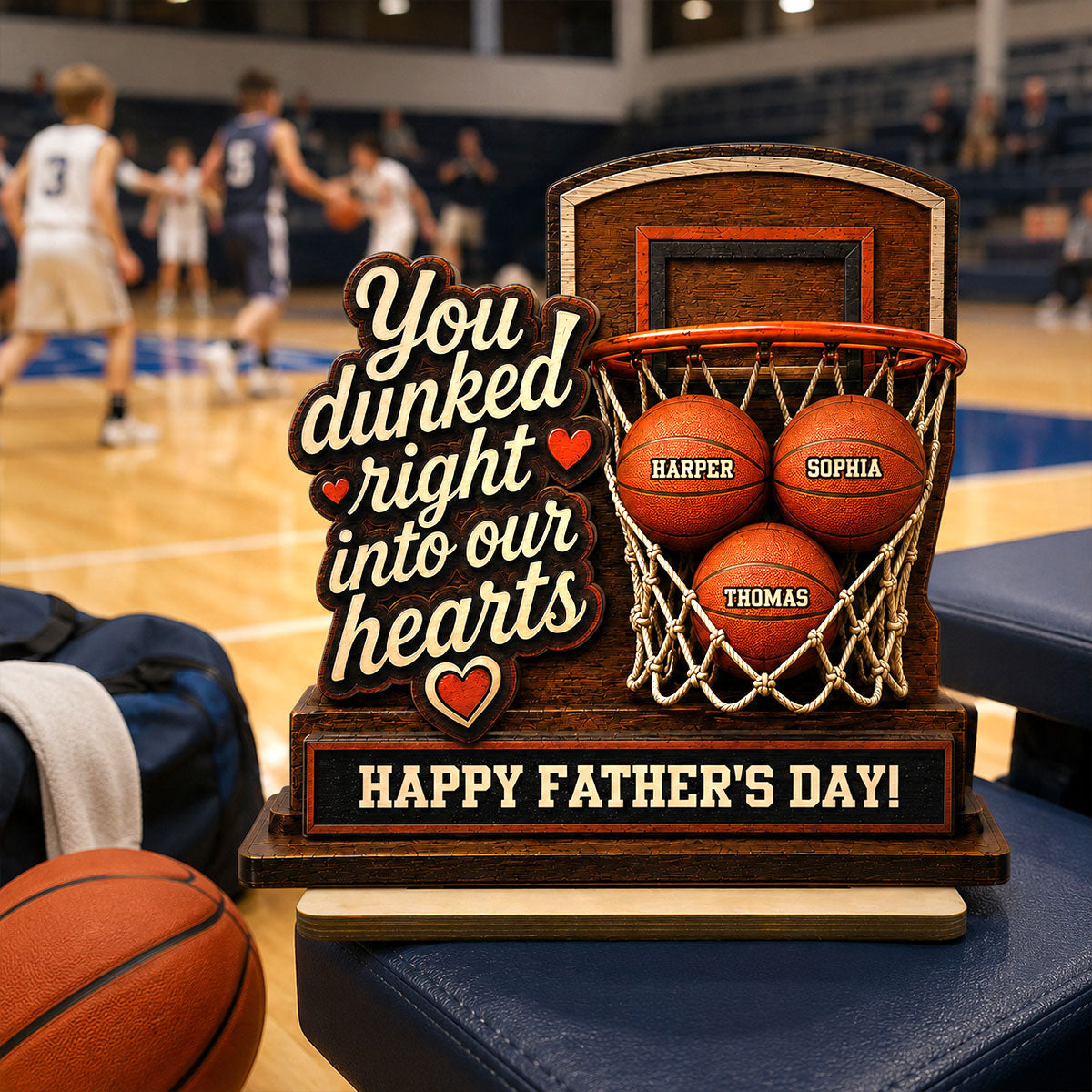 You Dunked Right Into Our Hearts Custom Name 2D Flat - Personalized 2-Layered Wooden Plaque -  Gift For Basketball Dad