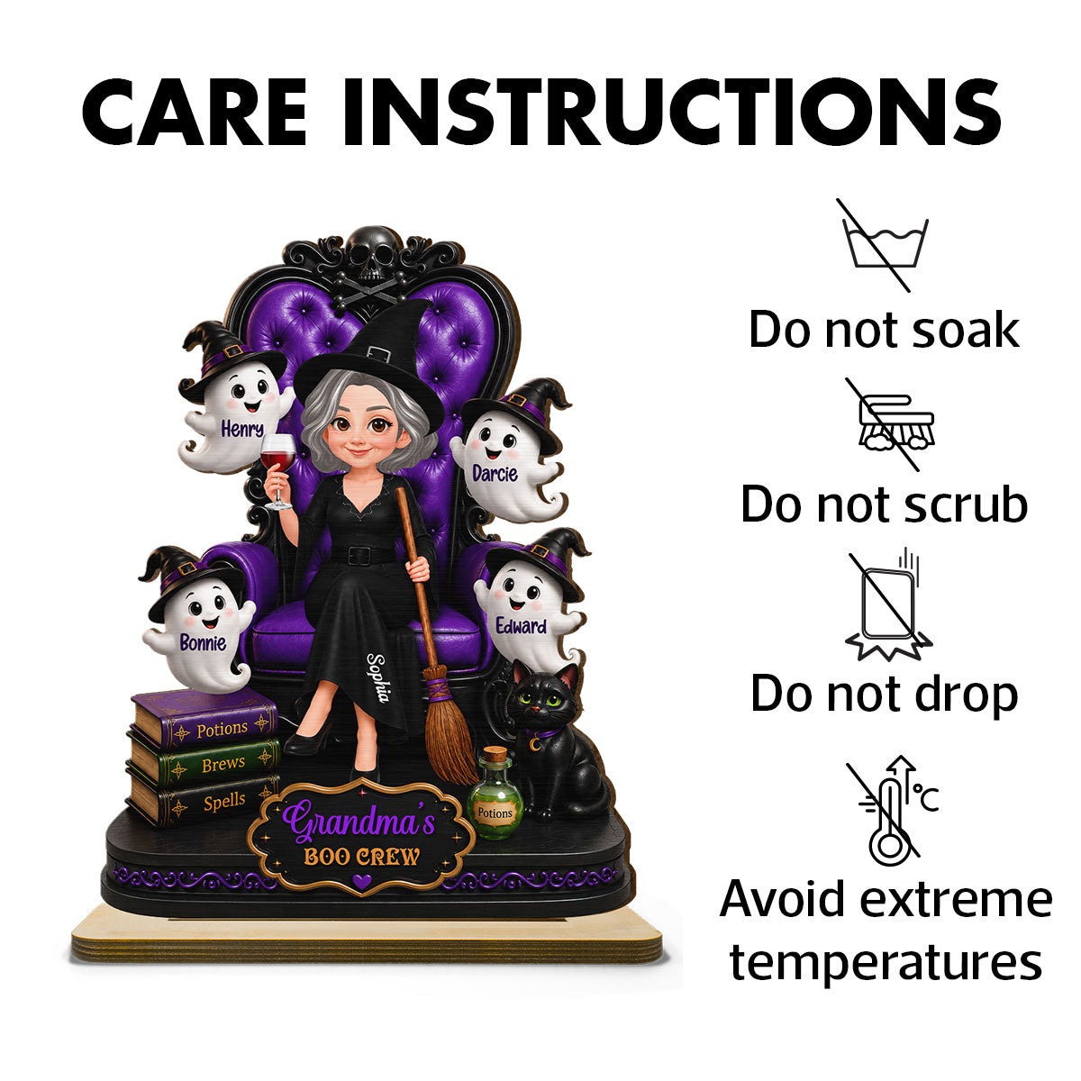 Grandma Witch Sitting On Chair 2D Flat - Personalized Wooden Plaque - Halloween Decoration