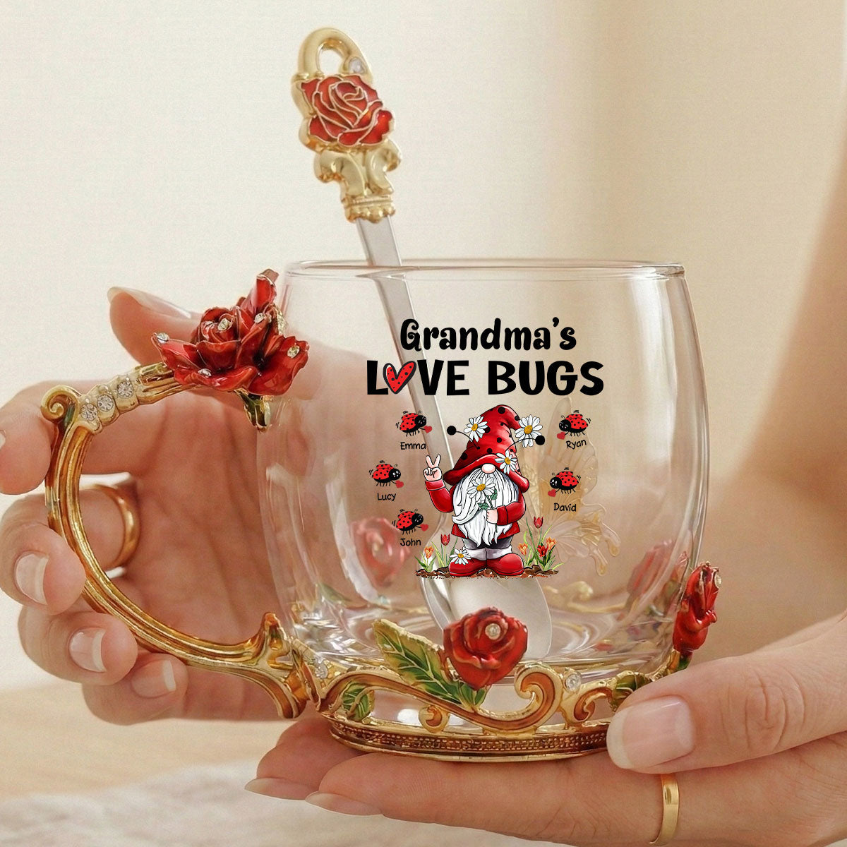Grandma's Love Bugs - Personalized Enamel Flower Tea Cup - Gift For Grandma, Mom
