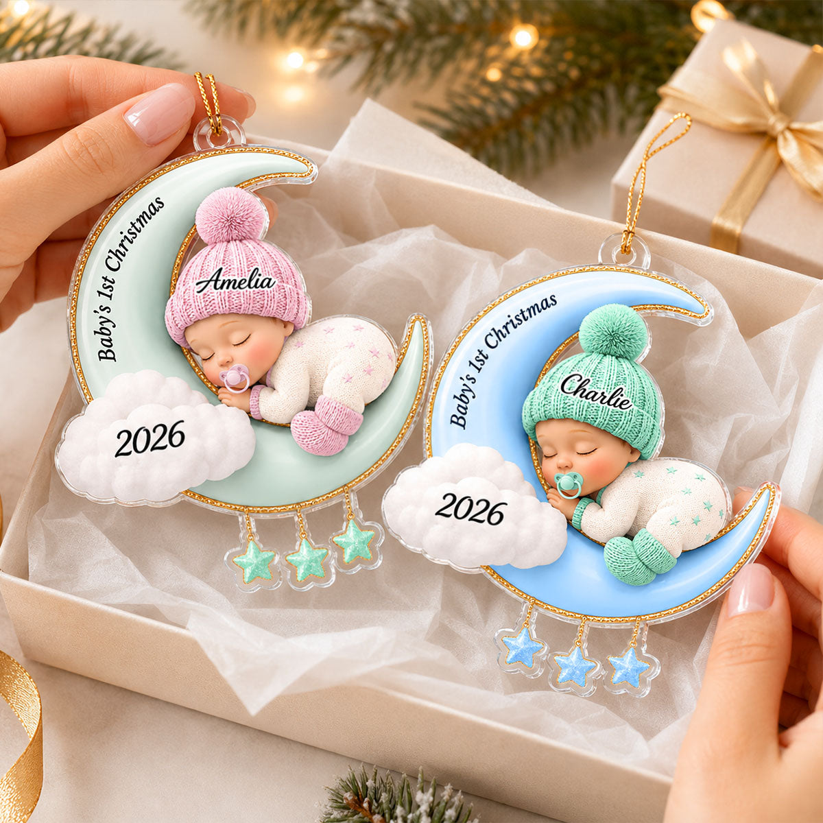 Baby First Christmas On The Moon - Personalized Acrylic Ornament - Baby Boy Girl Gift for Couples, New Parents Keepsake, Gift for Newborn