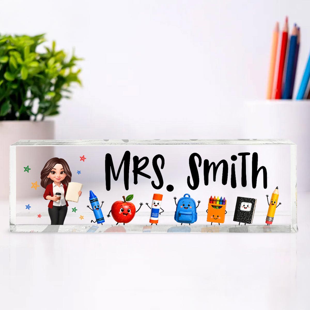 Funny Teacher Life Happy School Suppliers Friends - Personalized Acrylic Desk Name Plate - Back To School Gift For Teacher
