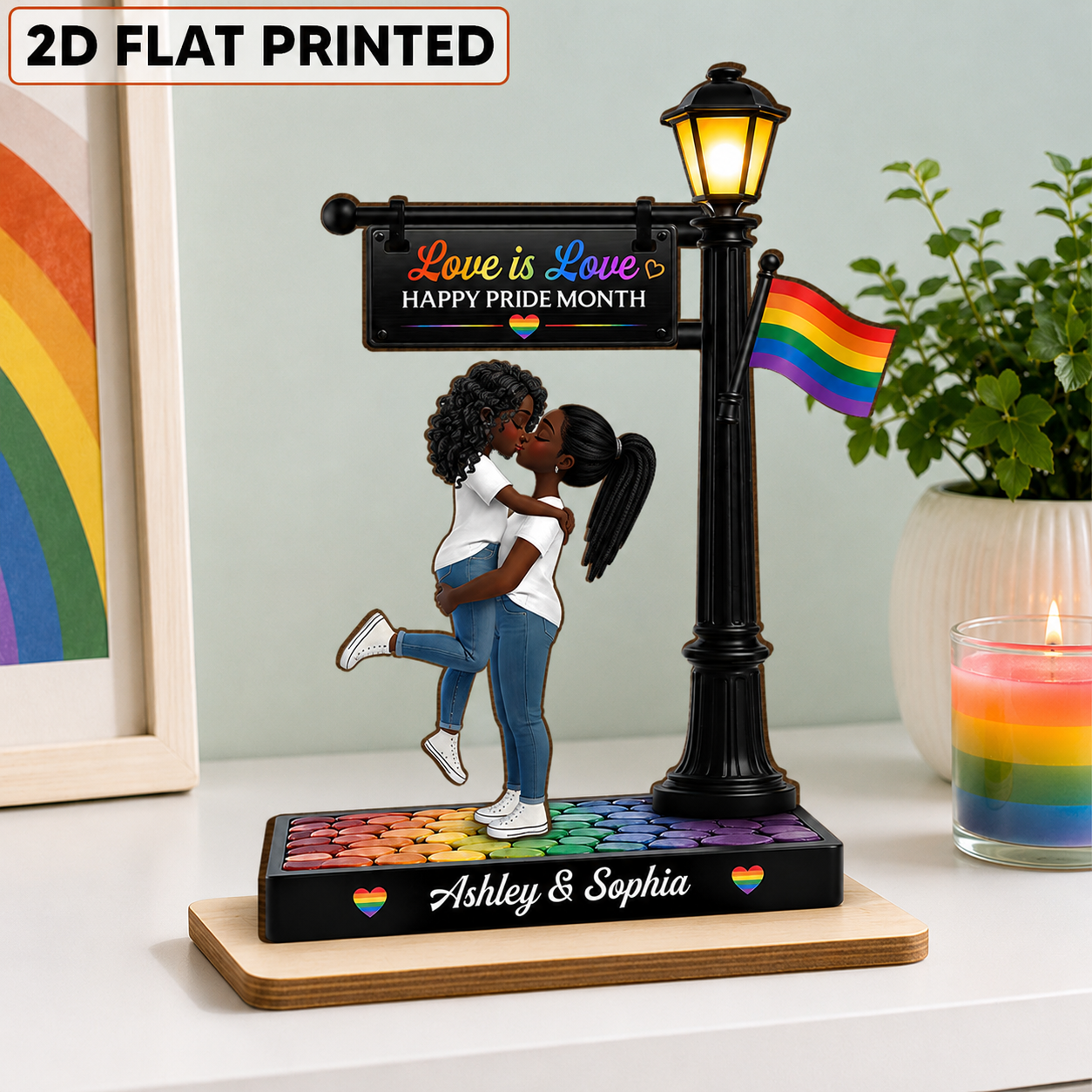 LGBT Couple Under Lamp Post - Personalized 2-Layered Wooden Plaque - Gift For Couple, Happy Pride Month