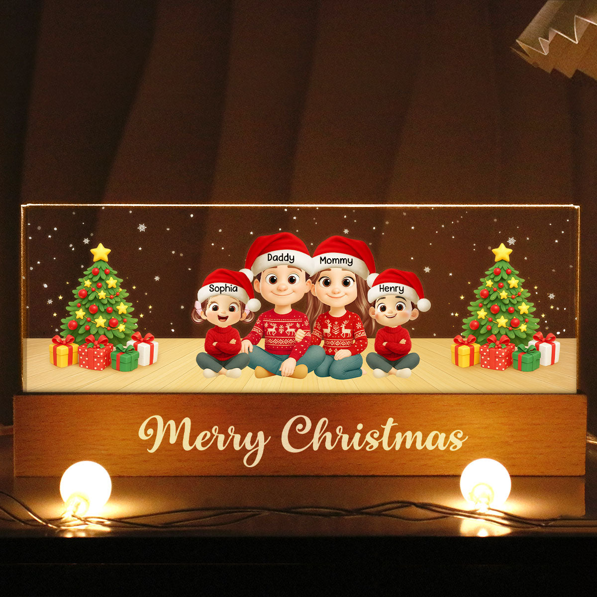 Merry Christmas Family Sitting - Personalized Acrylic Block LED Night Light - Custom Family with Pets, Holidays Gift for Husband, Wife