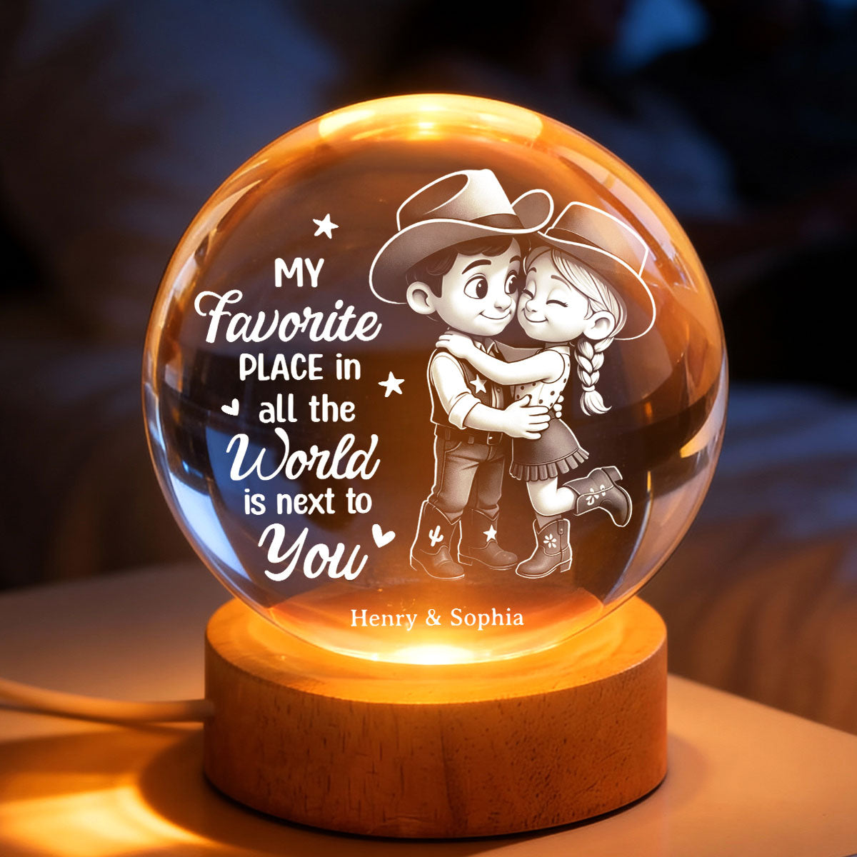 Countryside Couple Cowboy Cowgirl - Personalized Crystal Ball LED Night Light - Anniversary, Valentine's Day Gift, Gift For Him, Gift For Her