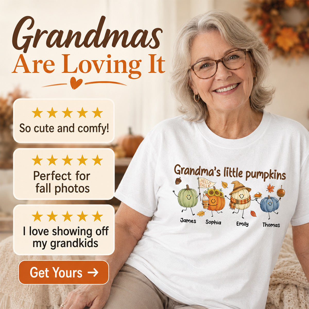 Grandma's Little Pumpkins Cute Characters - Personalized Shirt - Fall Season Shirt For Grandma, Mom