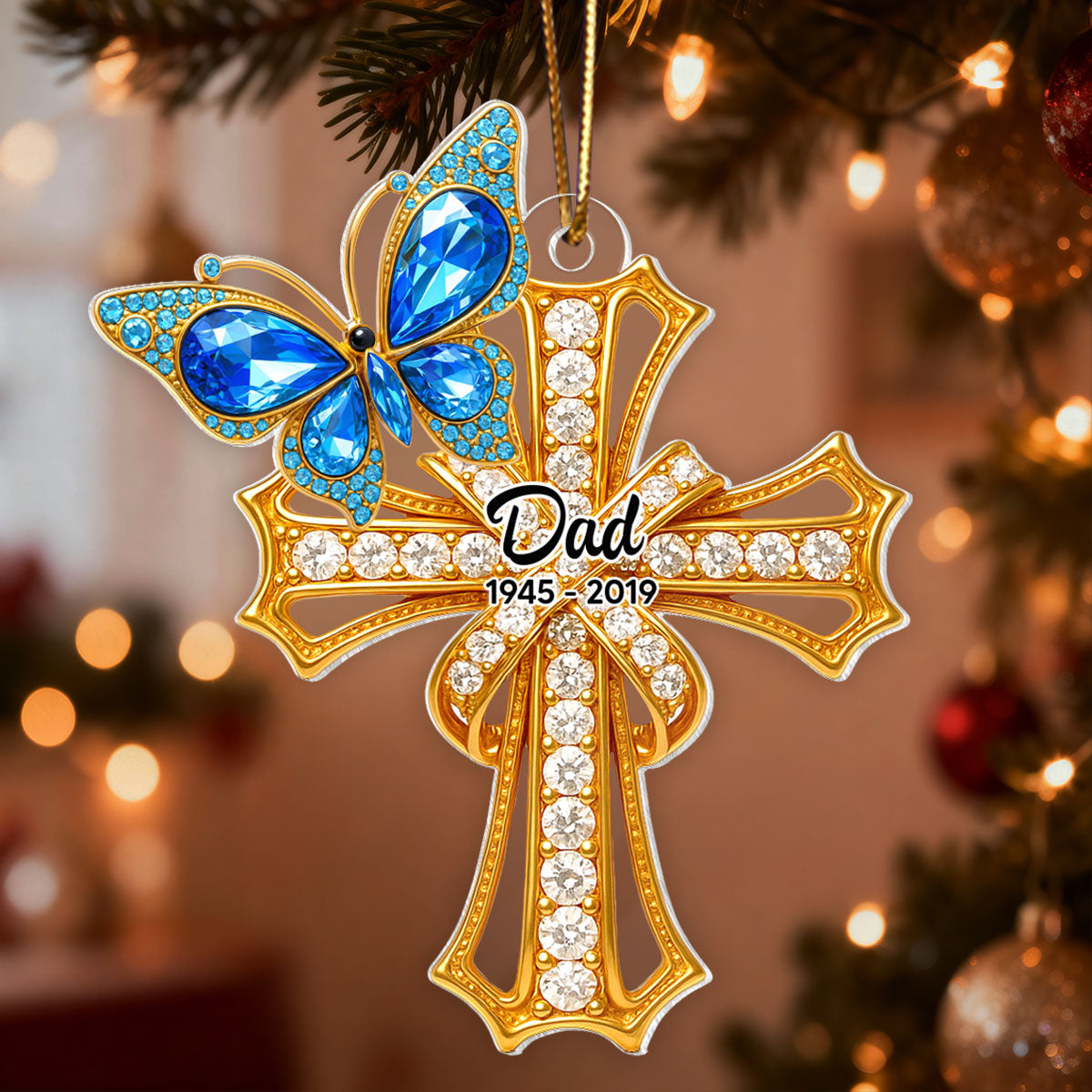 Memorial Blue Monarch Butterfly On Cross - Personalized Acrylic Ornament - Christmas Gift for Loss Of Loved Ones