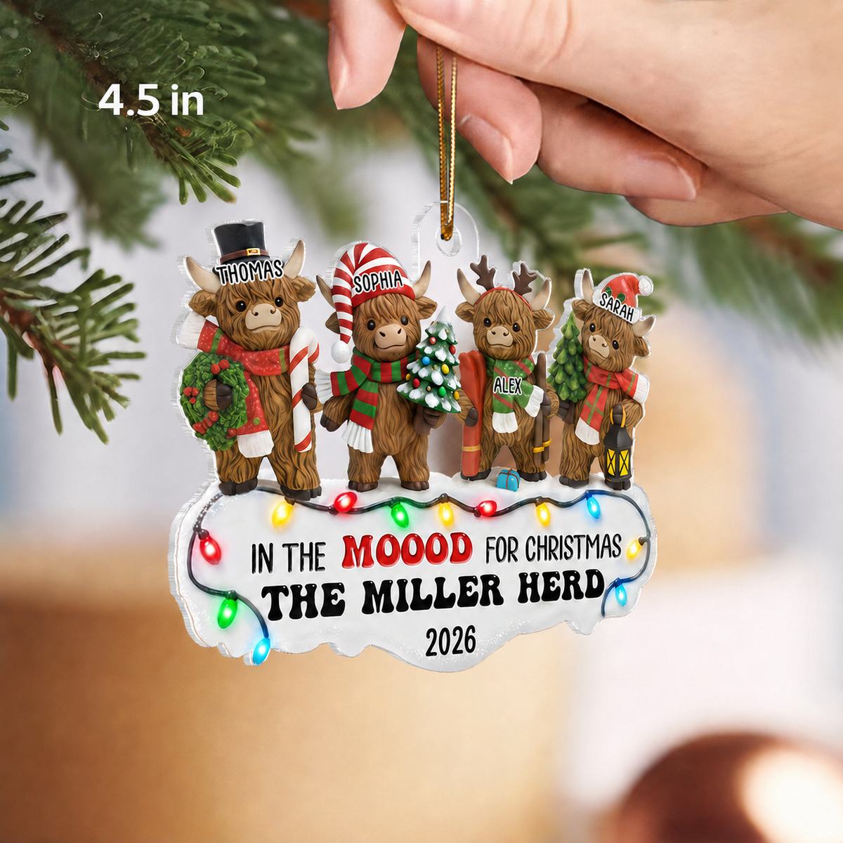 3D Effect Highland Cows Standing Family Herd In The Moood For Christmas - Personalized Acrylic Ornament