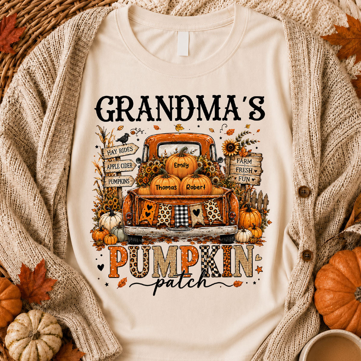 Fall Season Halloween Grandma Pumpkin Patch Truck - Personalized Shirt - Fall Halloween Shirt For Grandma