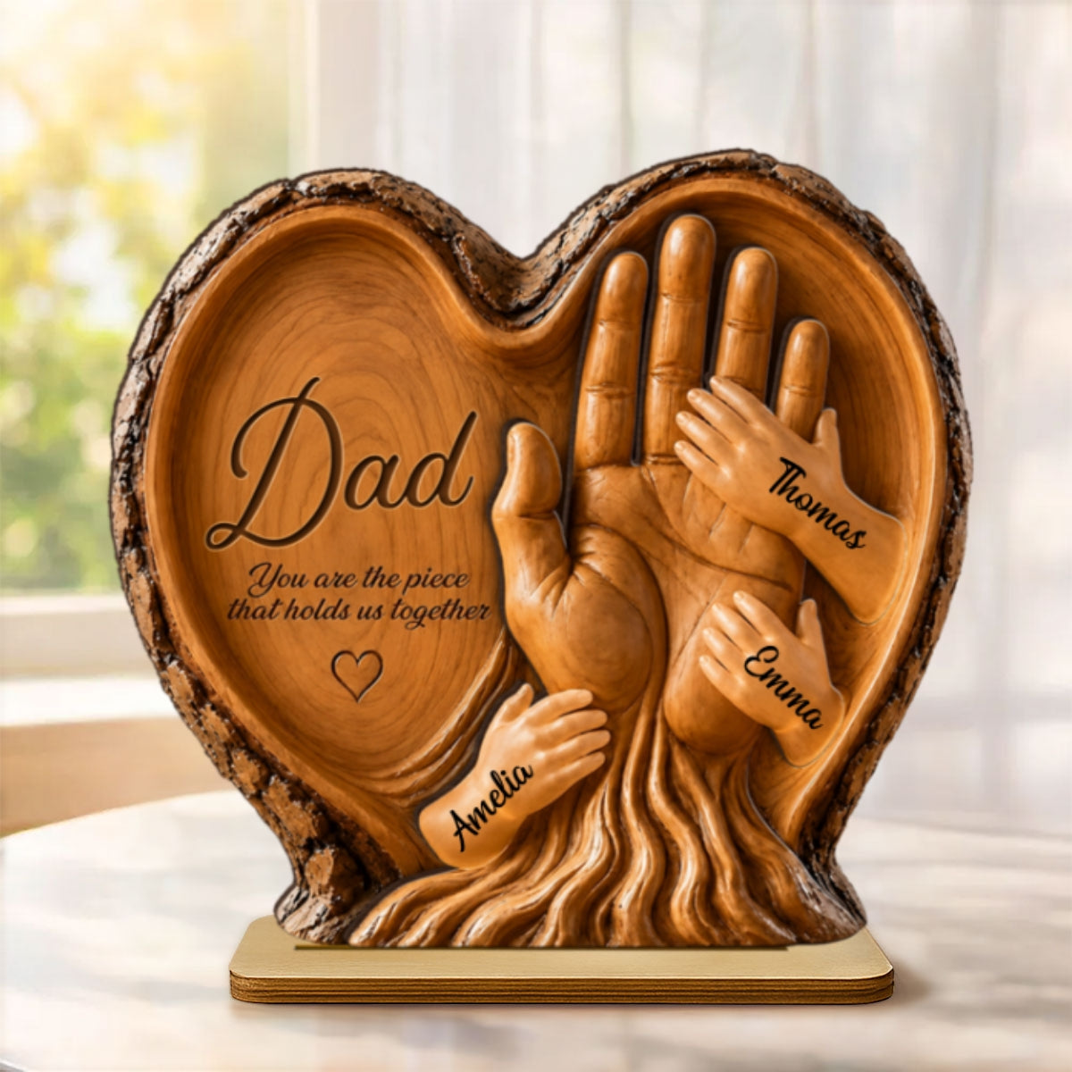 Dad Holds Kids Hands - Personalized 2-Layered Wooden Plaque - Heartfelt Gift For Dad, Husband