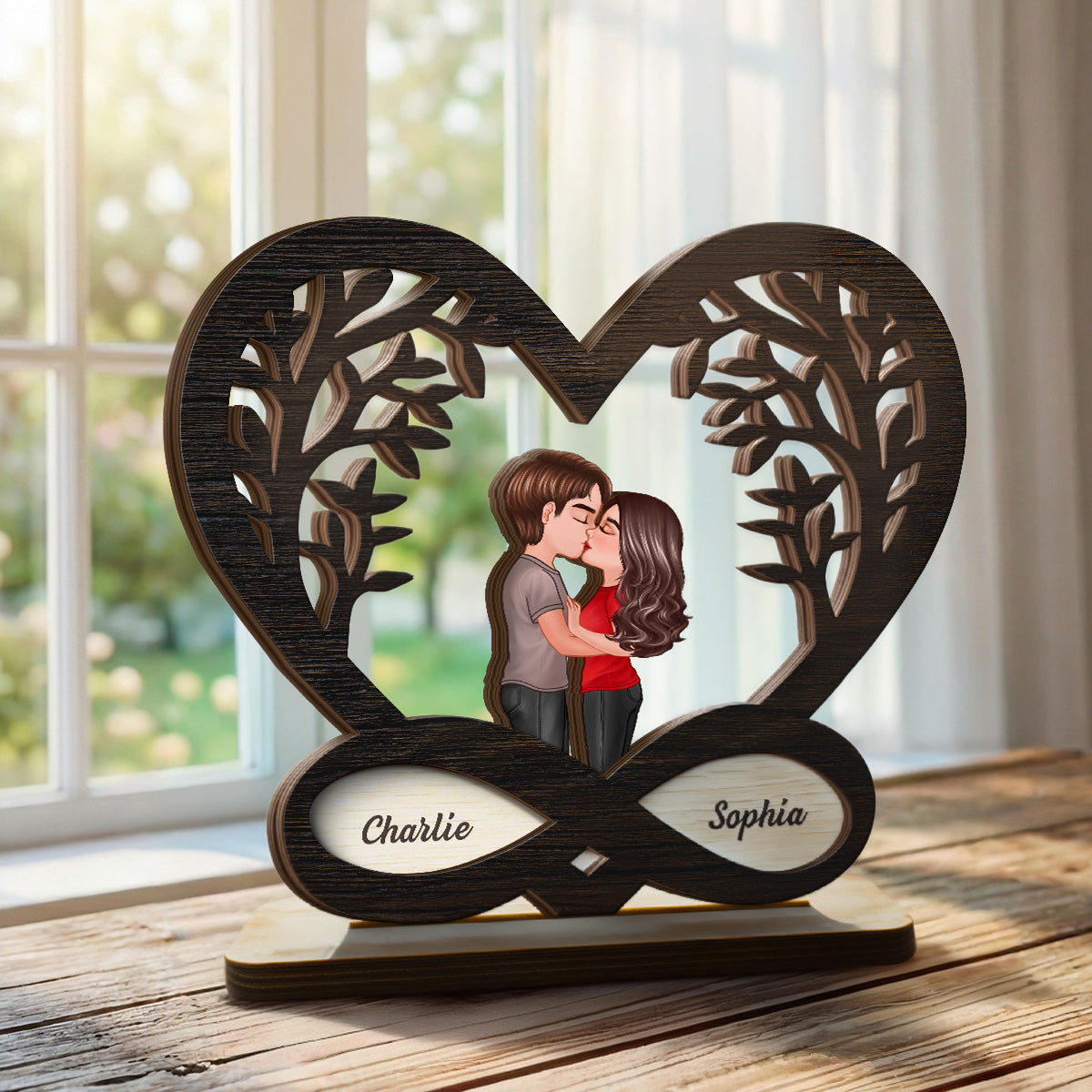 Couple Kissing Under Tree Rustic Infinity Heart - Personalized 2-Layer Wooden Plaque - Valentine's Day, Anniversary Gift For Him, For Her
